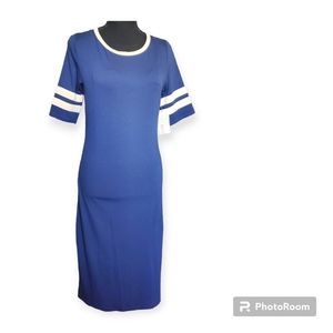 LULAROE JULIA DRESS NAVY BLUE WITH TAN SPORTS STRIPES ON SLEEVES SZ S NWT